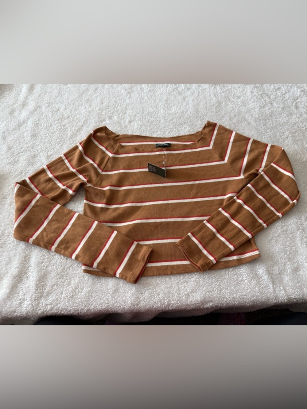 Wild FableTarget Brown Striped Long Sleeve Boatneck Top with Cream & Red Accents